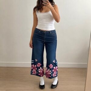 Vintage Sonoma Dark Washed Cropped Wide Leg Jeans Floral Print Women 10 Boho